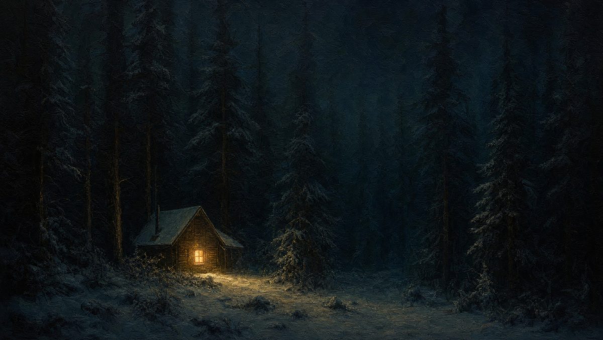 A lamplit cottage of pale wood and thatch at the valley's edge, shadow-thick forest rising behind, smoke pale in the window-light